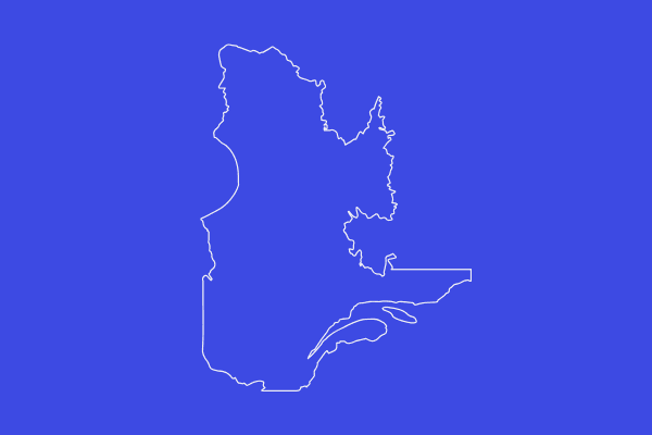 Outline of Quebec in white on a red background, resembling a stylized map.