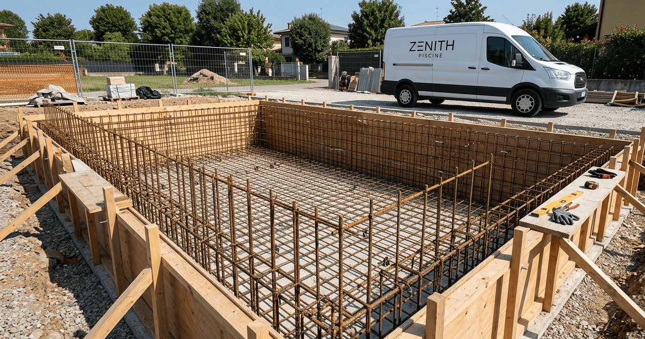 L'immagine cattura un cantiere per la costruzione di una piscina interrata in una fase cruciale: la preparazione per il getto del cemento. L'ambiente è estremamente ordinato, trasmettendo un senso di professionalità e precisione ingegneristica. La scena è inondata da una luce solare diurna naturale che esalta ogni dettaglio tecnico.