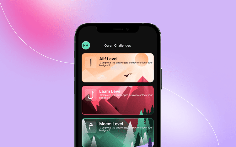 Quranly app's gamification screen showing different Quran challenges such as Alif, Laam, and Meem levels to motivate memorization.