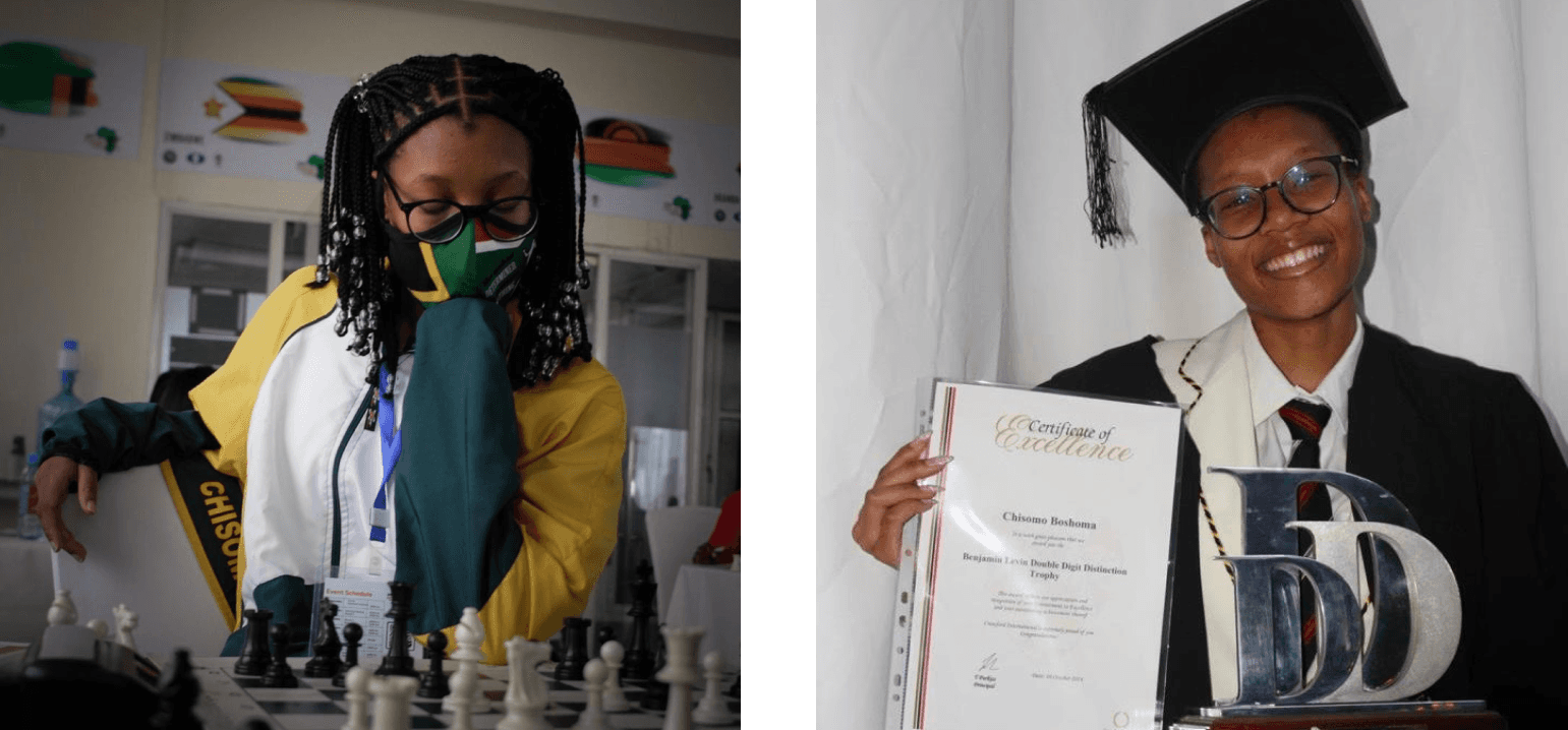 Chisomo playing chess and holding up a certificate of achievement