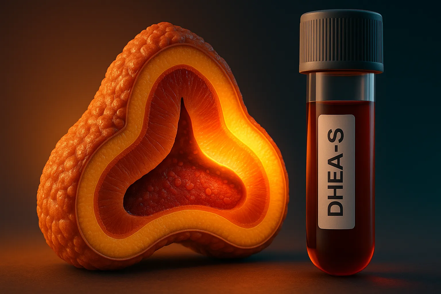 Blood tube labeled DHEA-S next to a glowing cross-section of an adrenal gland.