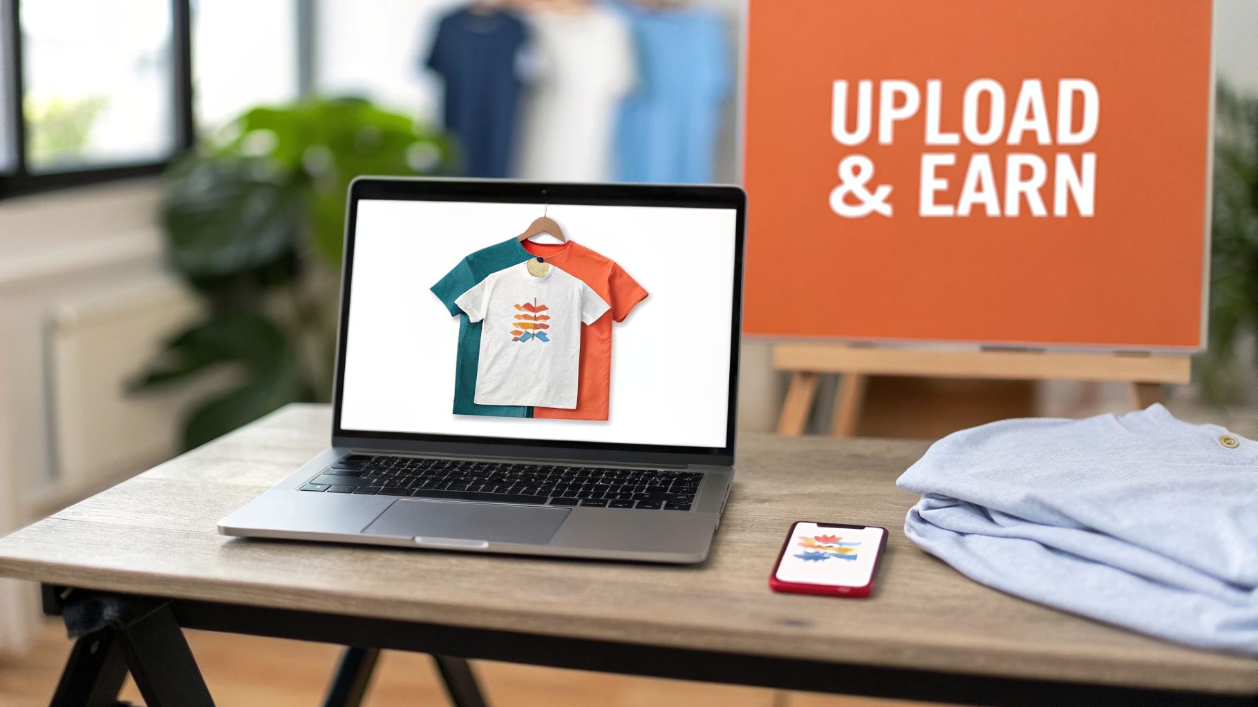 A laptop displaying custom t-shirt designs for upload. A smartphone and 