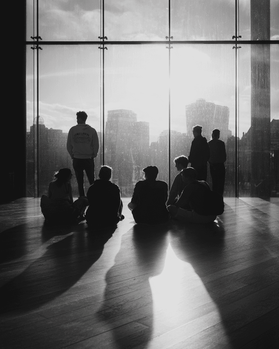 Group of people relaxing outdoors on a field or lawn