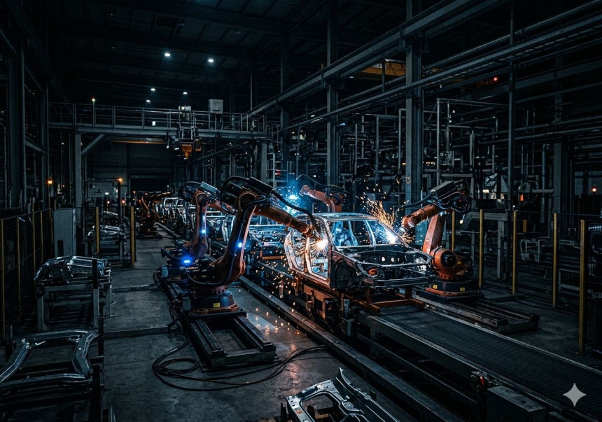 사람의 개입 없이 가동되는 다크 팩토리가 확산되고 있다. 사람 없이 불 없이 로봇만으로 공장을 가동하는 라이트 아웃 제조의 원형이다. 다크 팩토리는 점점 확산되고 있다. 사진 제미나이