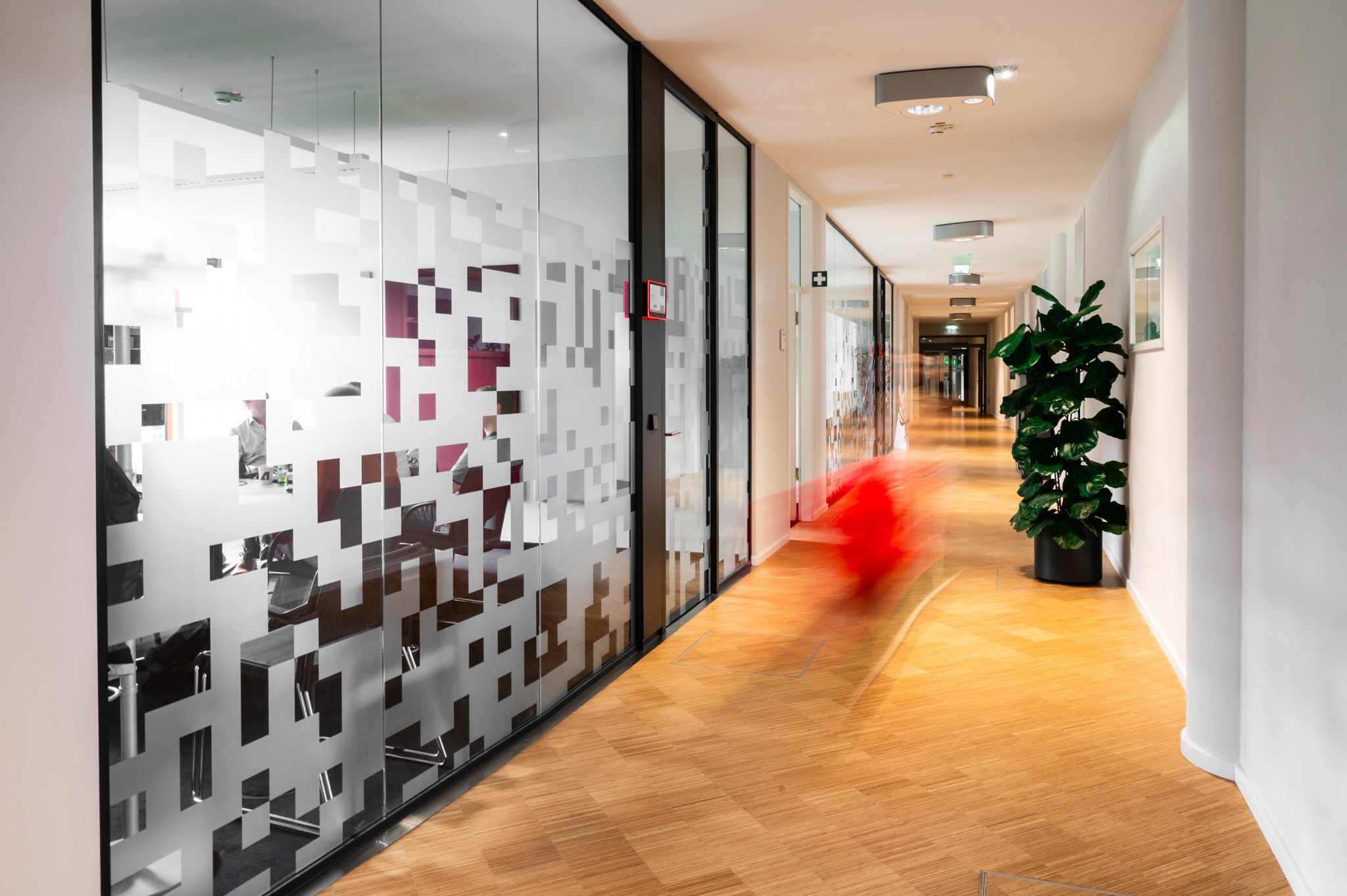 Hol de birouri Advantest cu design modern și pereți din sticlă