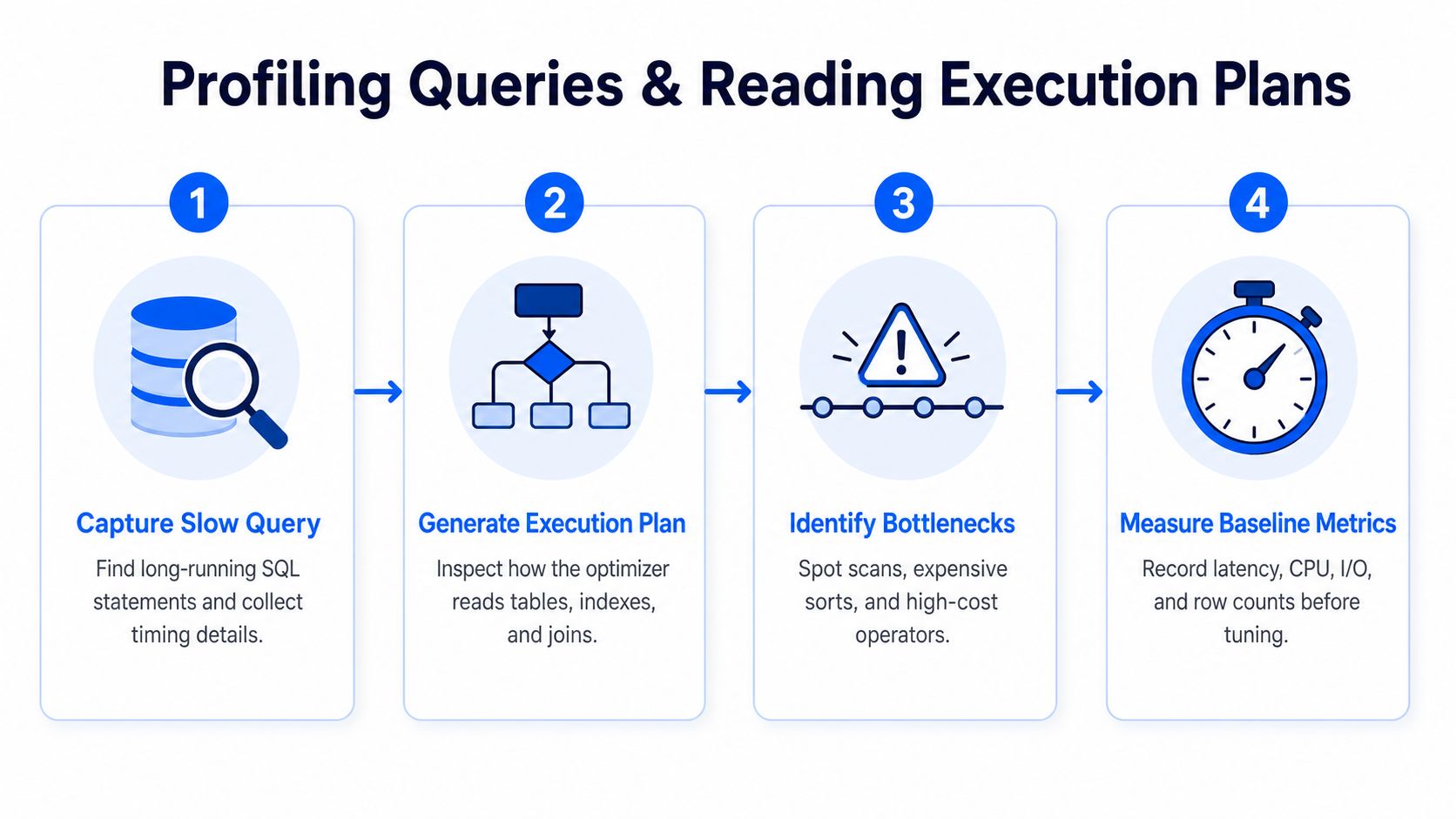 A four-step infographic illustrating the process of profiling and optimizing slow database SQL queries.