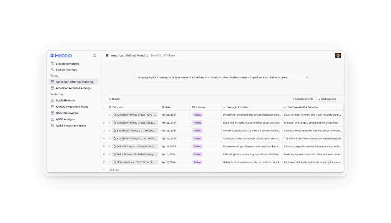 A screenshot of Hebbia's document analysis tool, showing a project focused on an American Airlines meeting