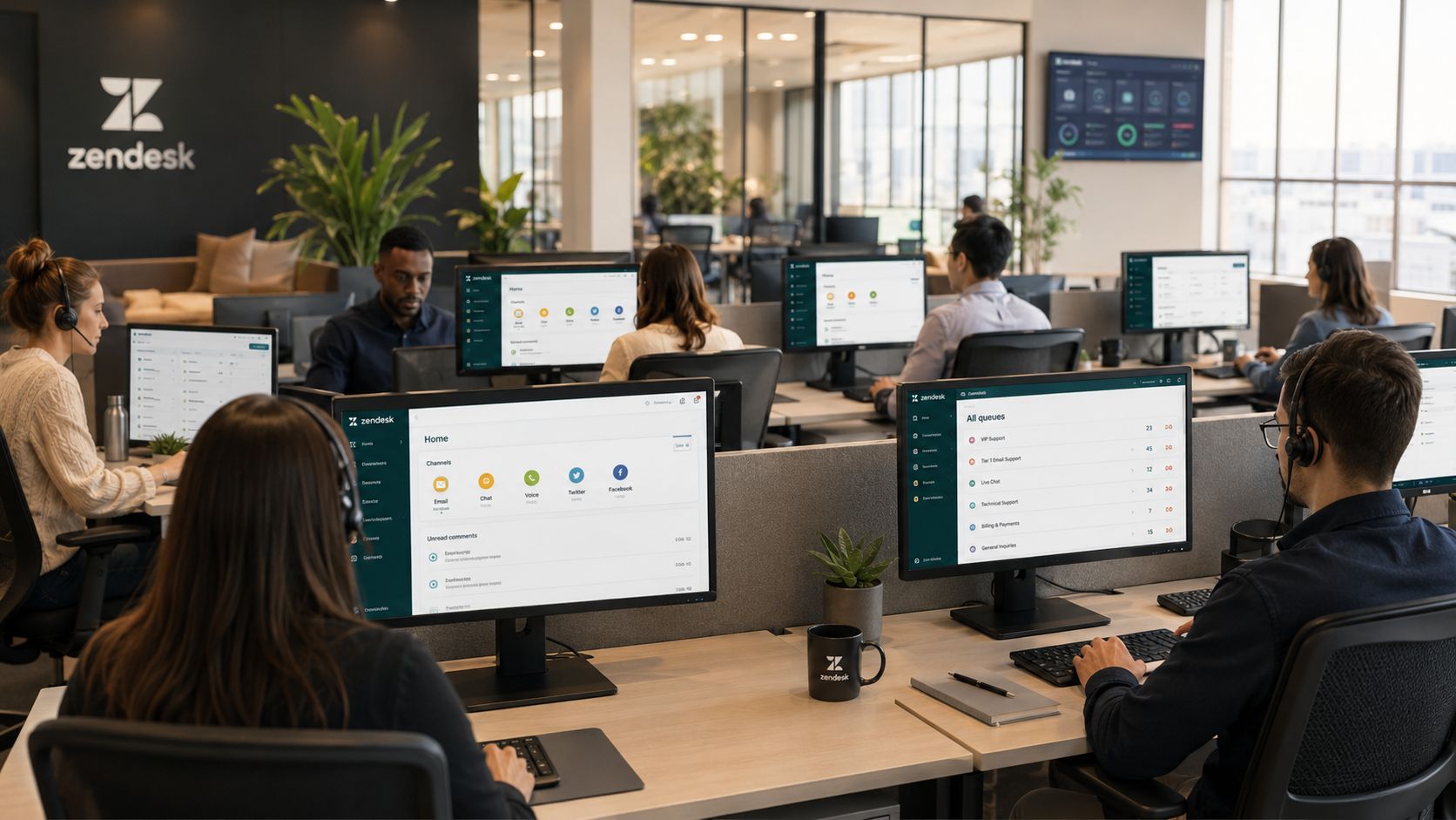 A professional office environment featuring employees working on computers in a modern Zendesk workspace.