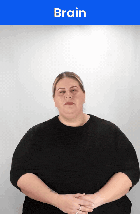 Animated GIF: a Deaf signer signs BRAIN in ASL, an index finger tapping the side of the forehead.