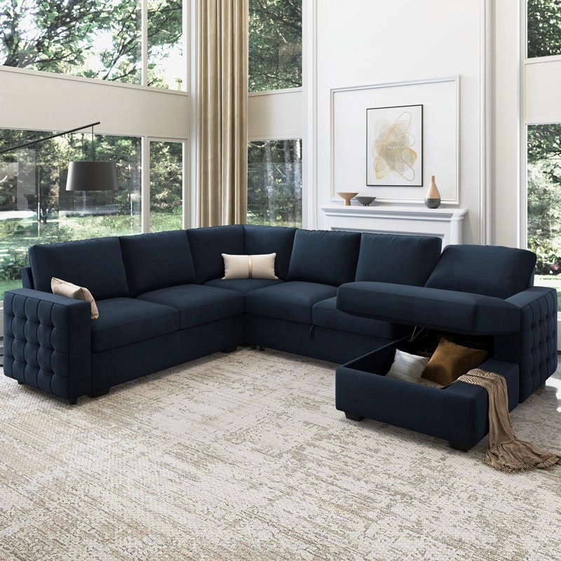 Comfortable sofa bed with chaise, offering a pull-out sleeper function and ample storage for modern home use.