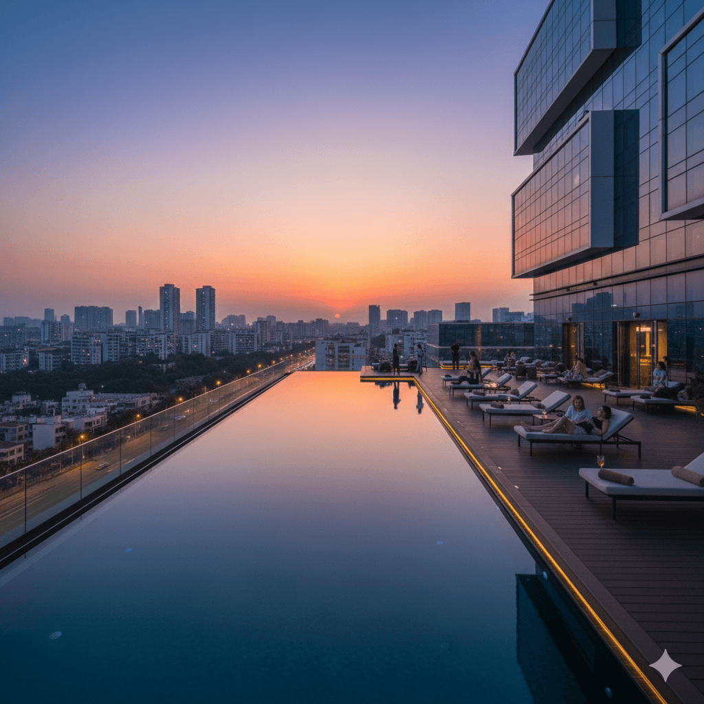 Rooftop infinity pool and deck amenity at M3M Line Noida development