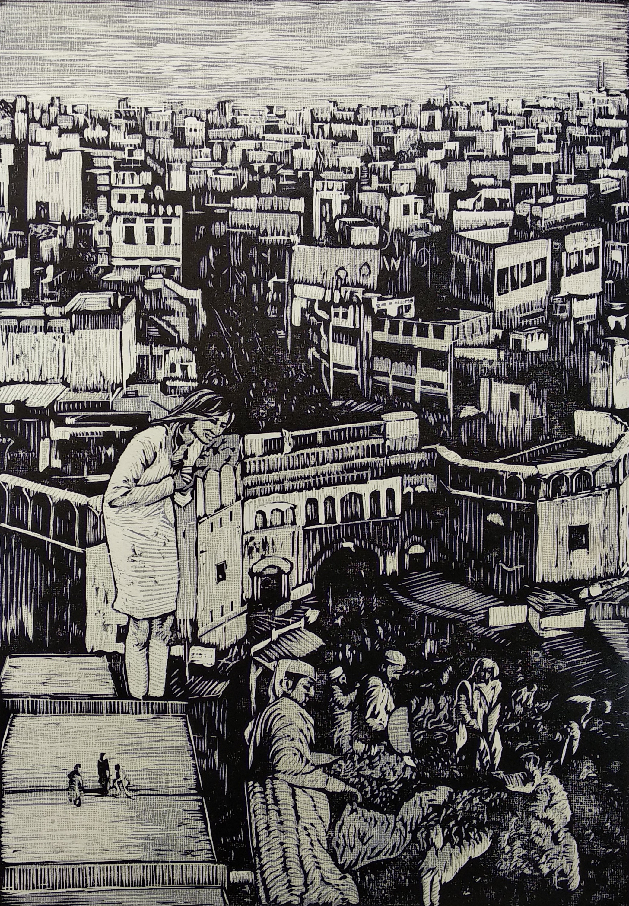 herd of sheep on road painting