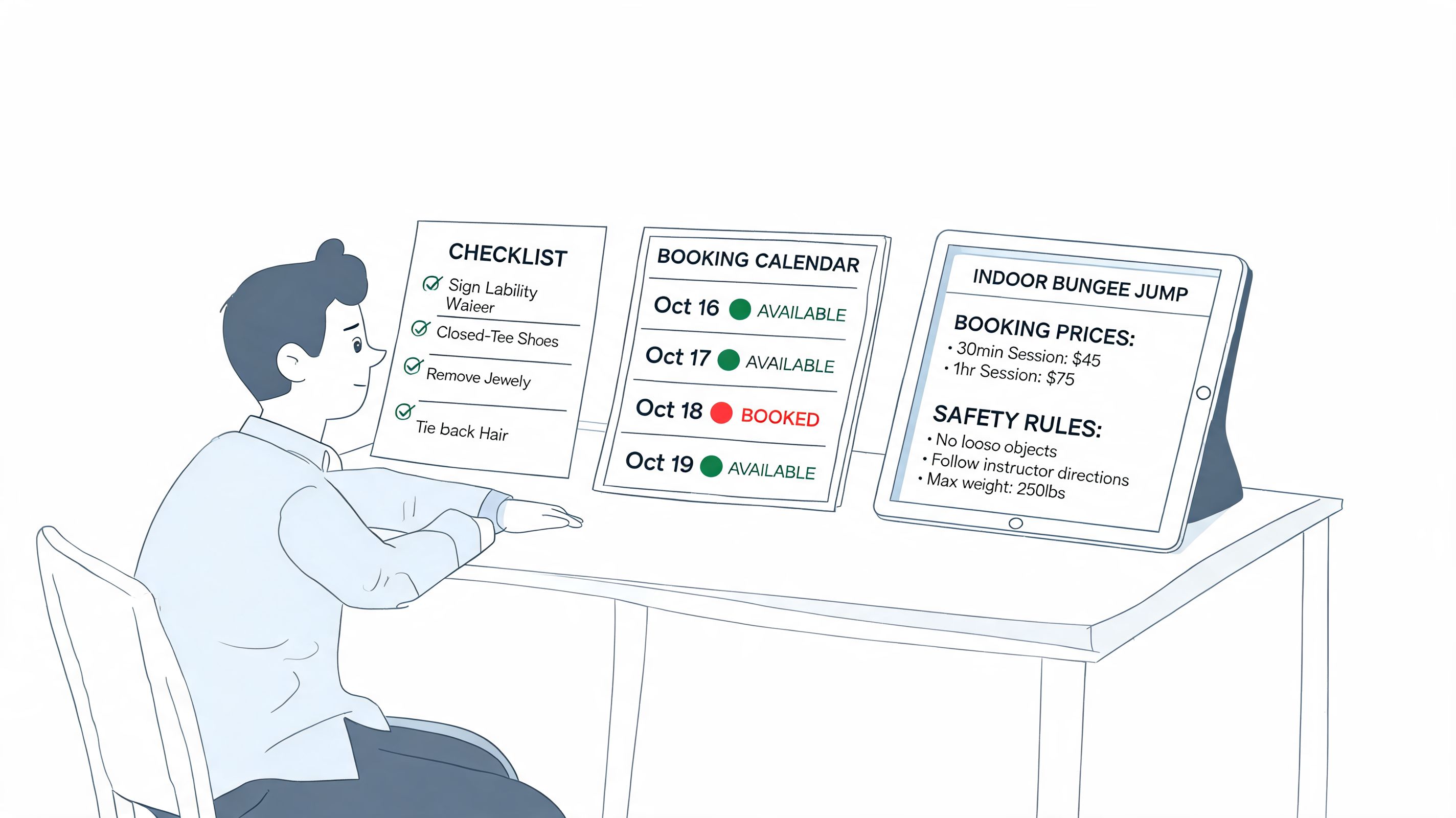 A person sitting at a desk checking booking options and safety requirements for an indoor bungee jump.