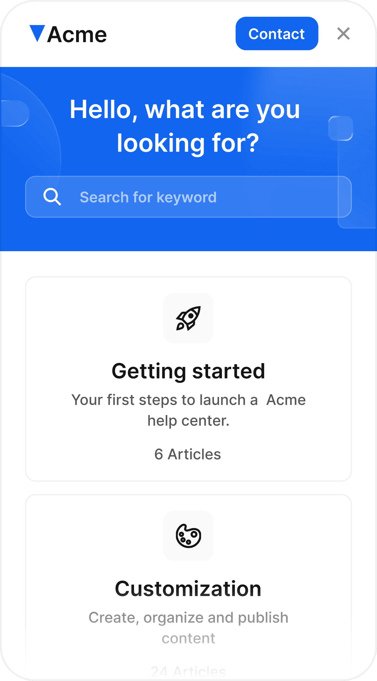 Helpview embedded help center widget showing search and article categories.