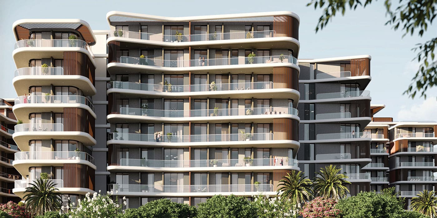 Conceptual artwork of The Cape Al Barari, a new urban apartment complex in Alanya, featuring sleek lines and modern aesthetics.