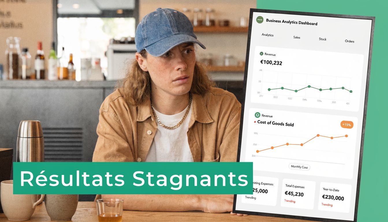 Un jeune homme pensif regardant un tableau de bord analytique montrant des résultats financiers stagnants en entreprise.
