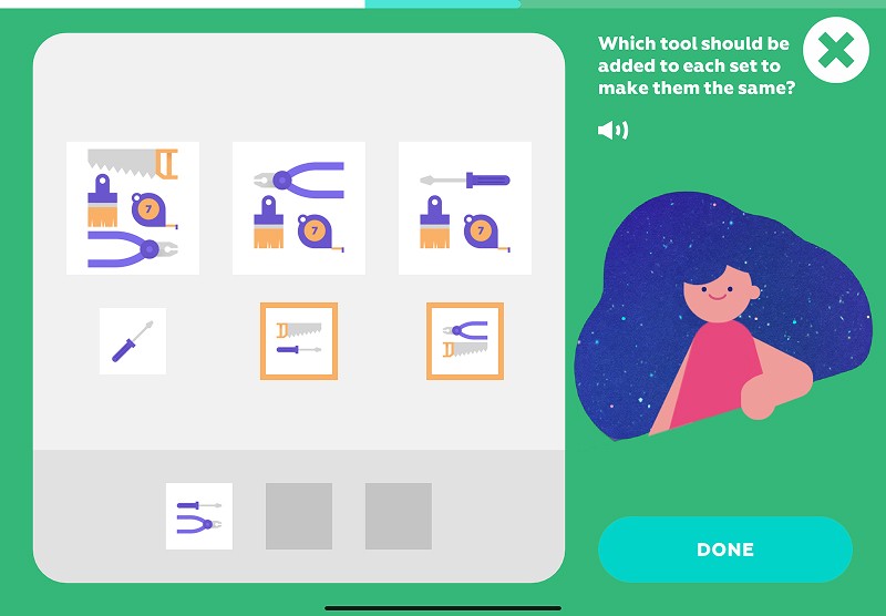 Make equal sets: choose which tools to add to each set to make them identical