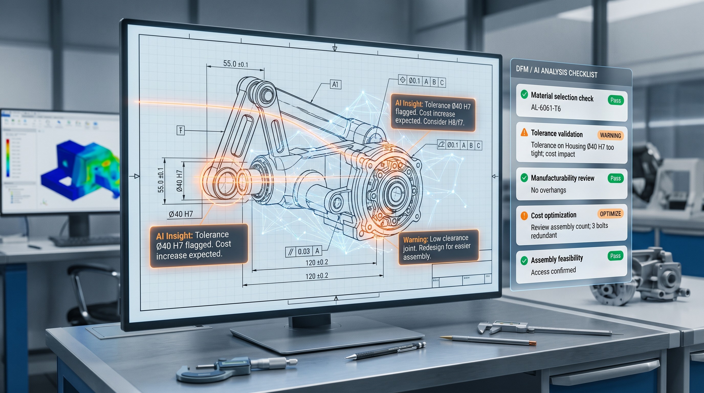 Futuristic engineering workspace showing a mechanical CAD drawing with an AI-powered DFM checklist overlay, highlighting manufacturability checks and automated design validation in orange accents.