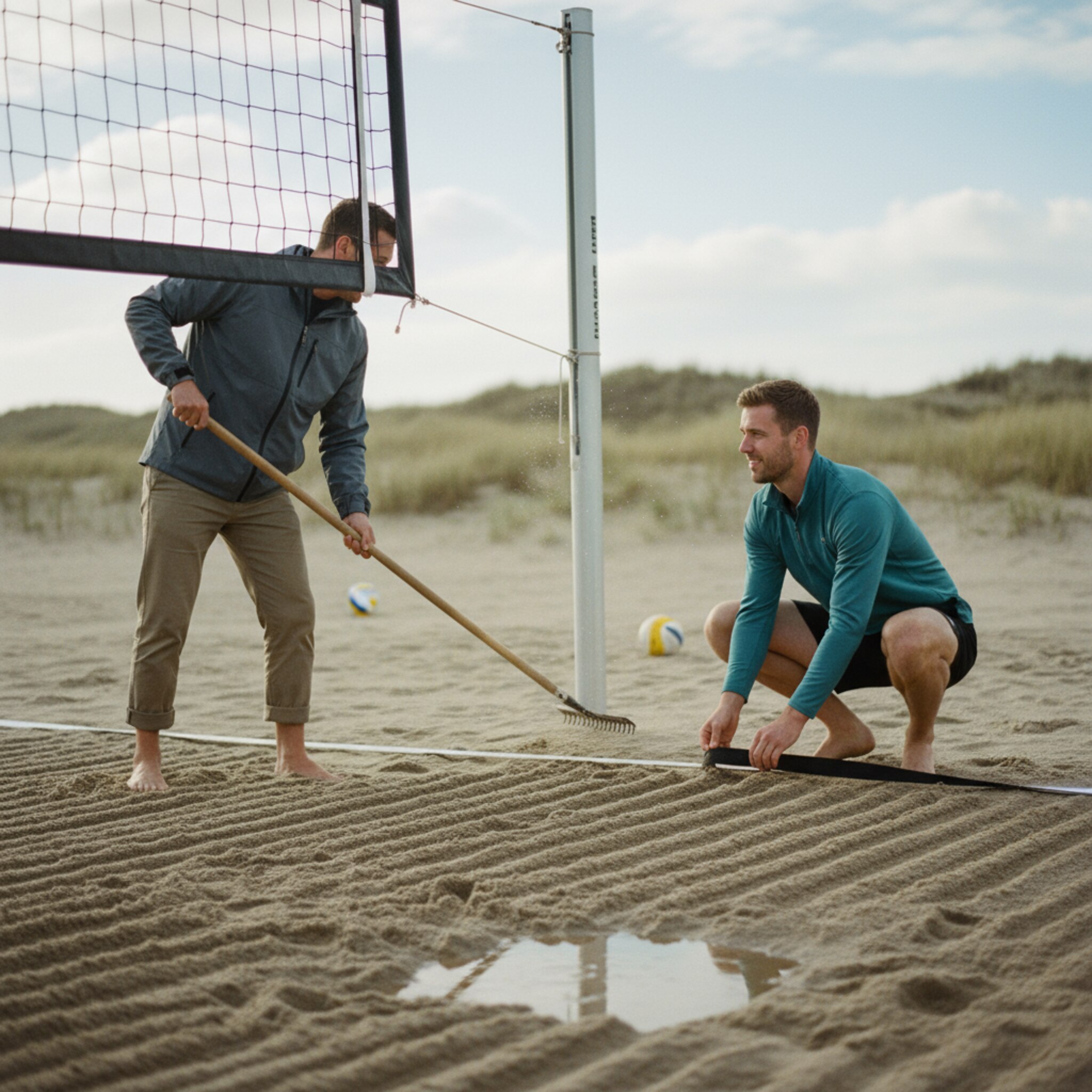 Nach einem kurzen Schauer ziehen Wolken auf, das Licht wird weich. Ein Mitarbeiter harkt den Sand sorgfältig, während eine Spielerin die Linien strafft. Tropfen perlen noch vom Netzhöhenmesser, in einer Pfütze spiegelt sich ein Stück Himmel. Der Court wirkt bereit für das nächste Match.