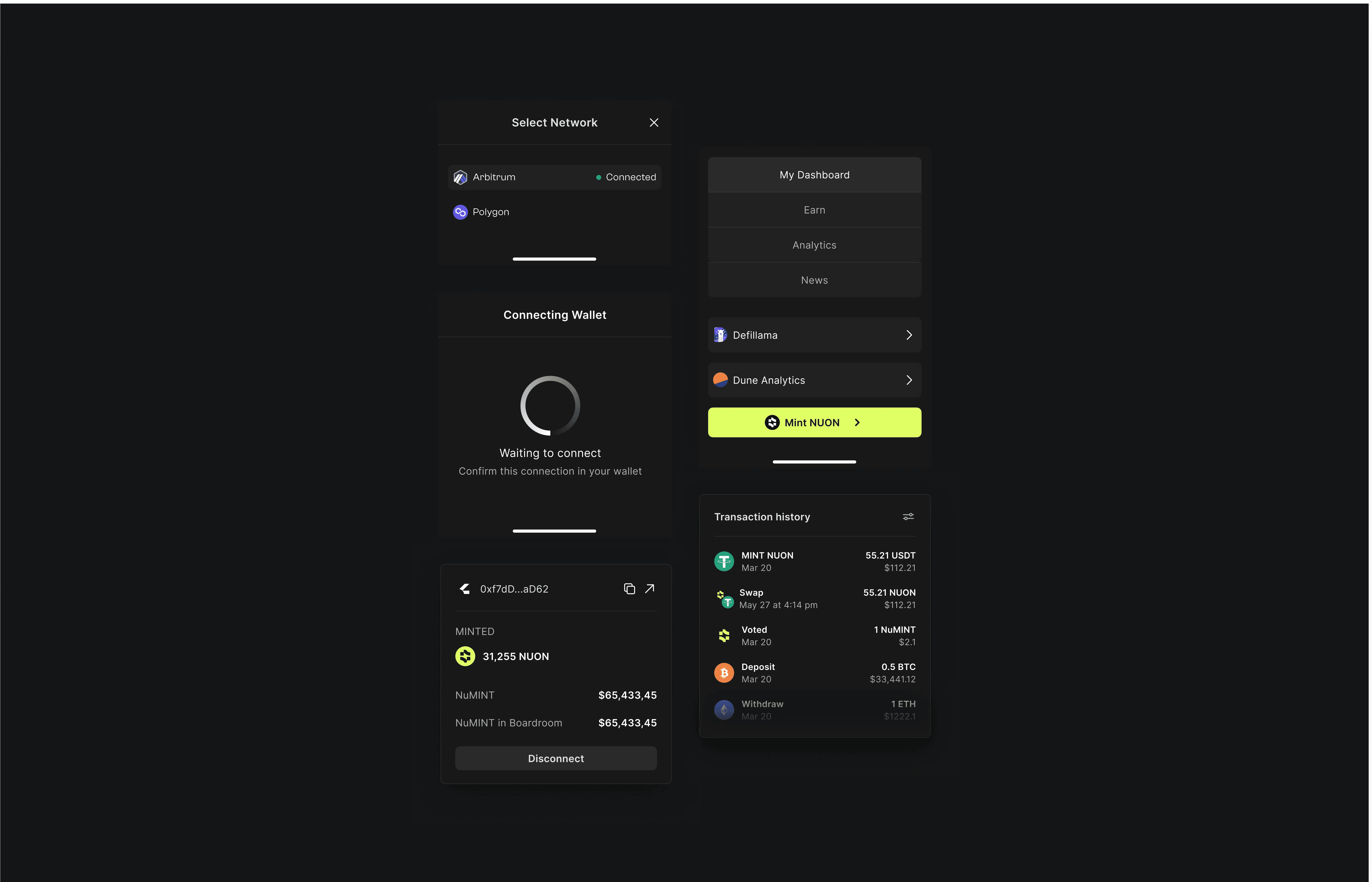Nuon crypto wallet interface showing multi-network selection (Arbitrum and Polygon), wallet connection status, dashboard with Mint NUON button, integrations with Defillama and Dune Analytics, wallet popover with NUON balance, and transaction history including mint, swap, vote, deposit, and withdraw activities in a dark UI layout.