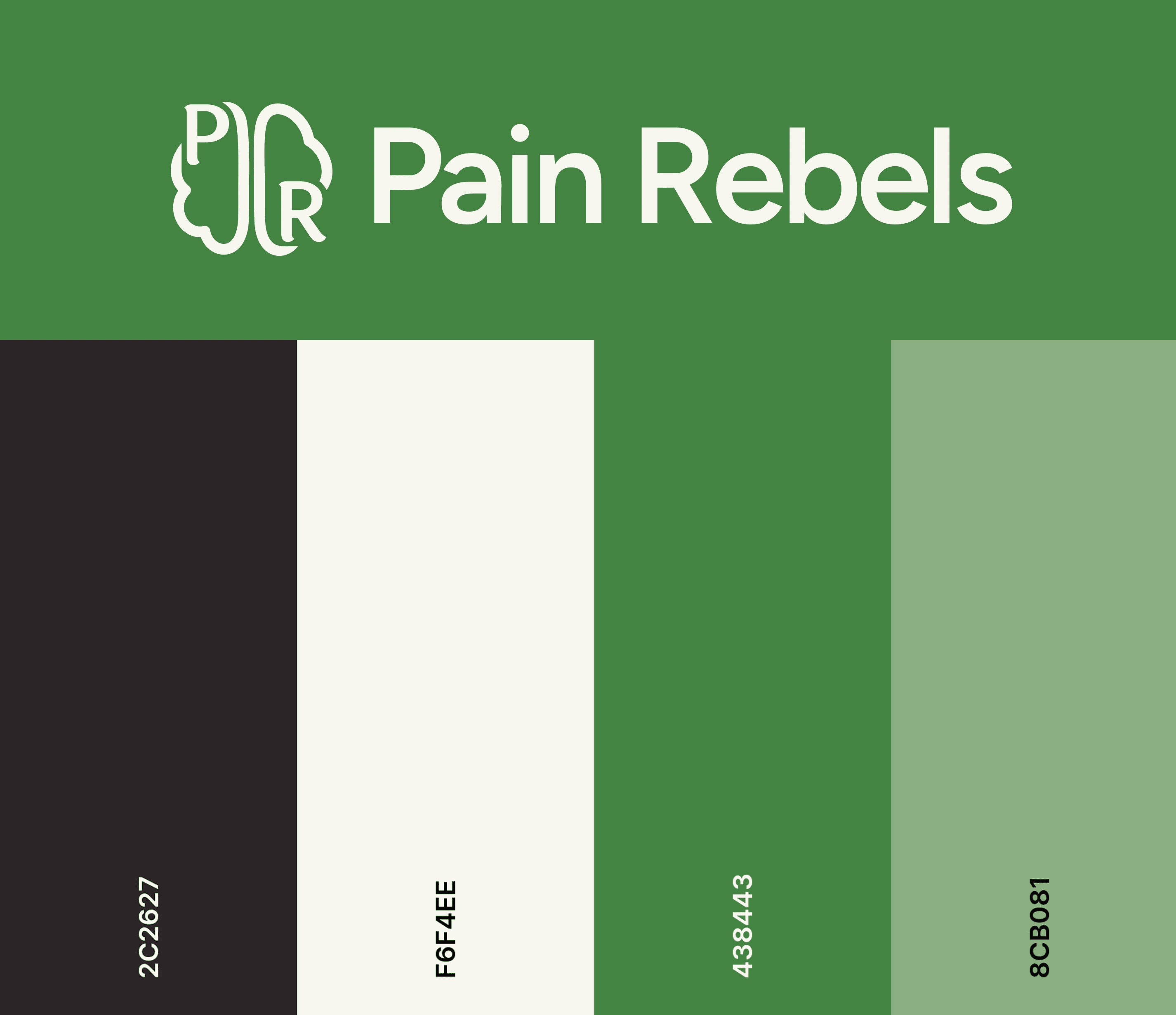 A brand style tile featuring the Pain Rebels logo and a four-color palette with hex codes.