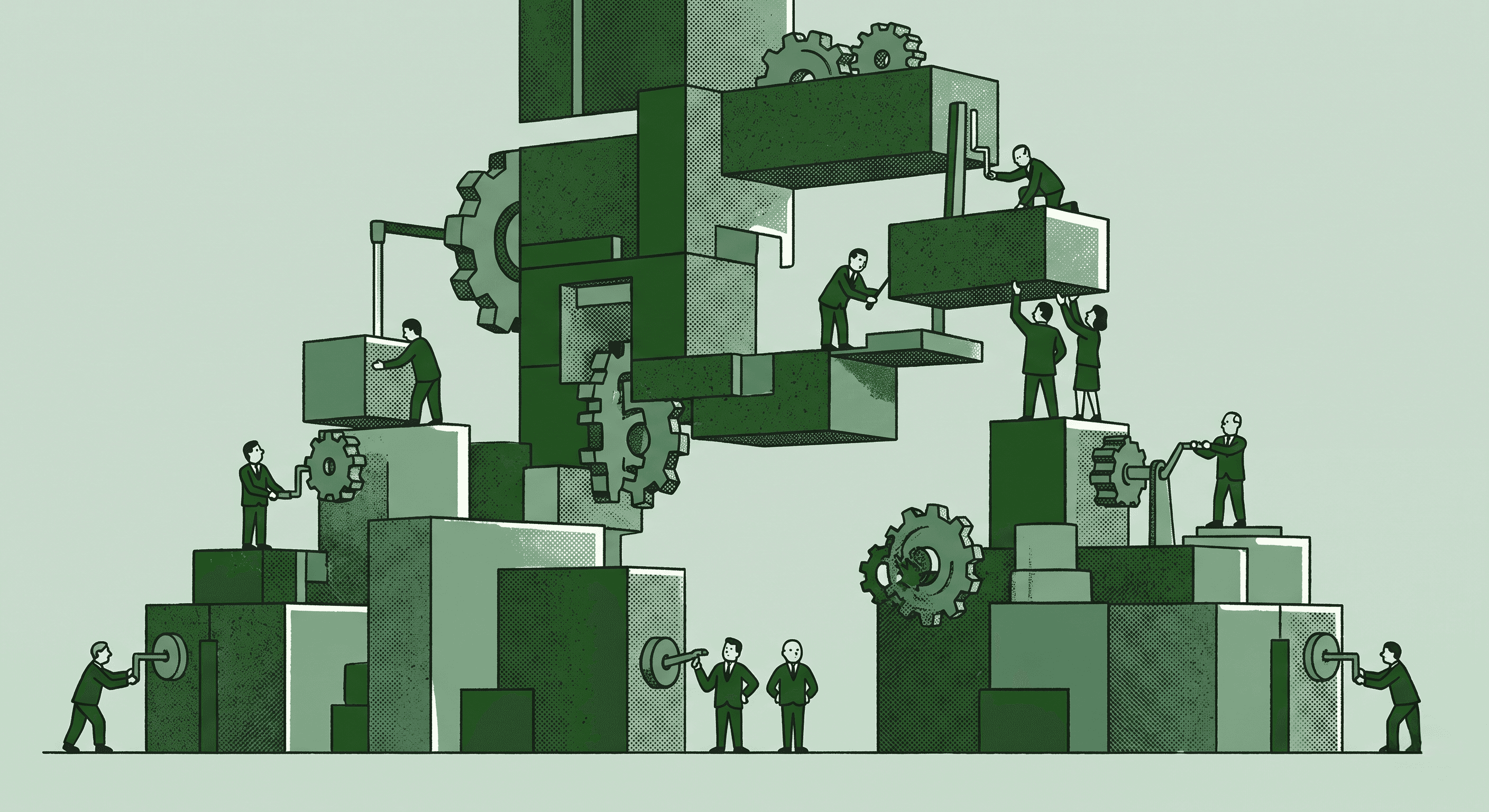 Simple structure of boxes and gears being built by humans.