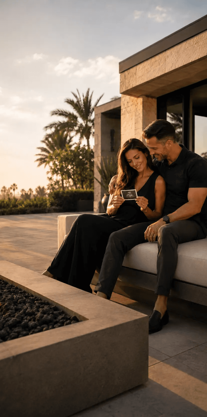 Couple sitting together by an outdoor fire pit at dusk
