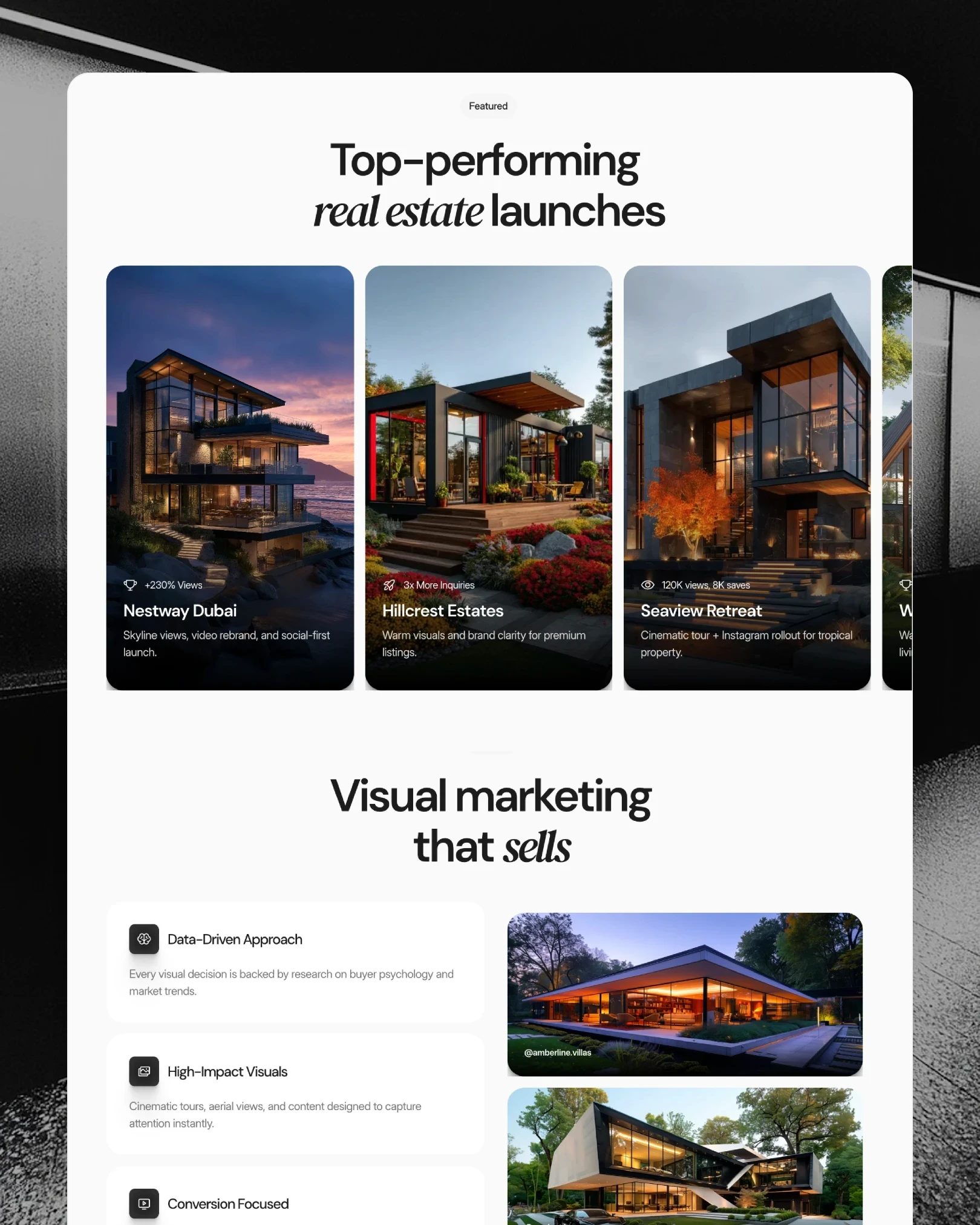 Vistaire results section showing a luxury villa marketing campaign with property gallery — web design by Luna UI design studio