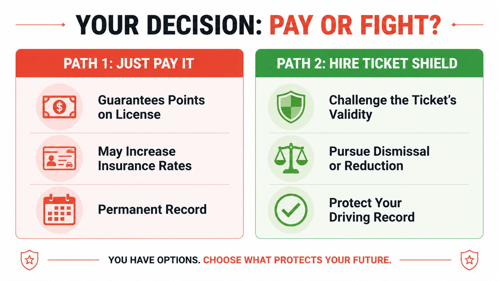 A comparison chart showing the differences between paying a traffic ticket and hiring Ticket Shield.