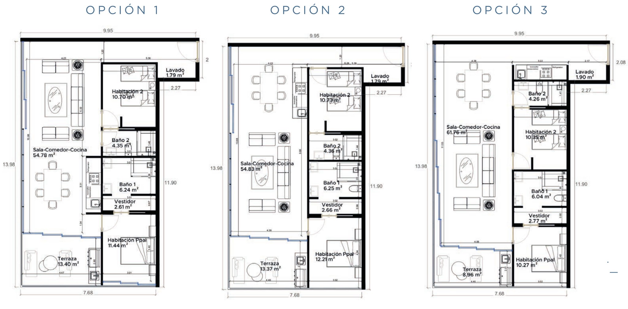 Floor plan of the 115 m² corner type, layout options shown, levels 3–7