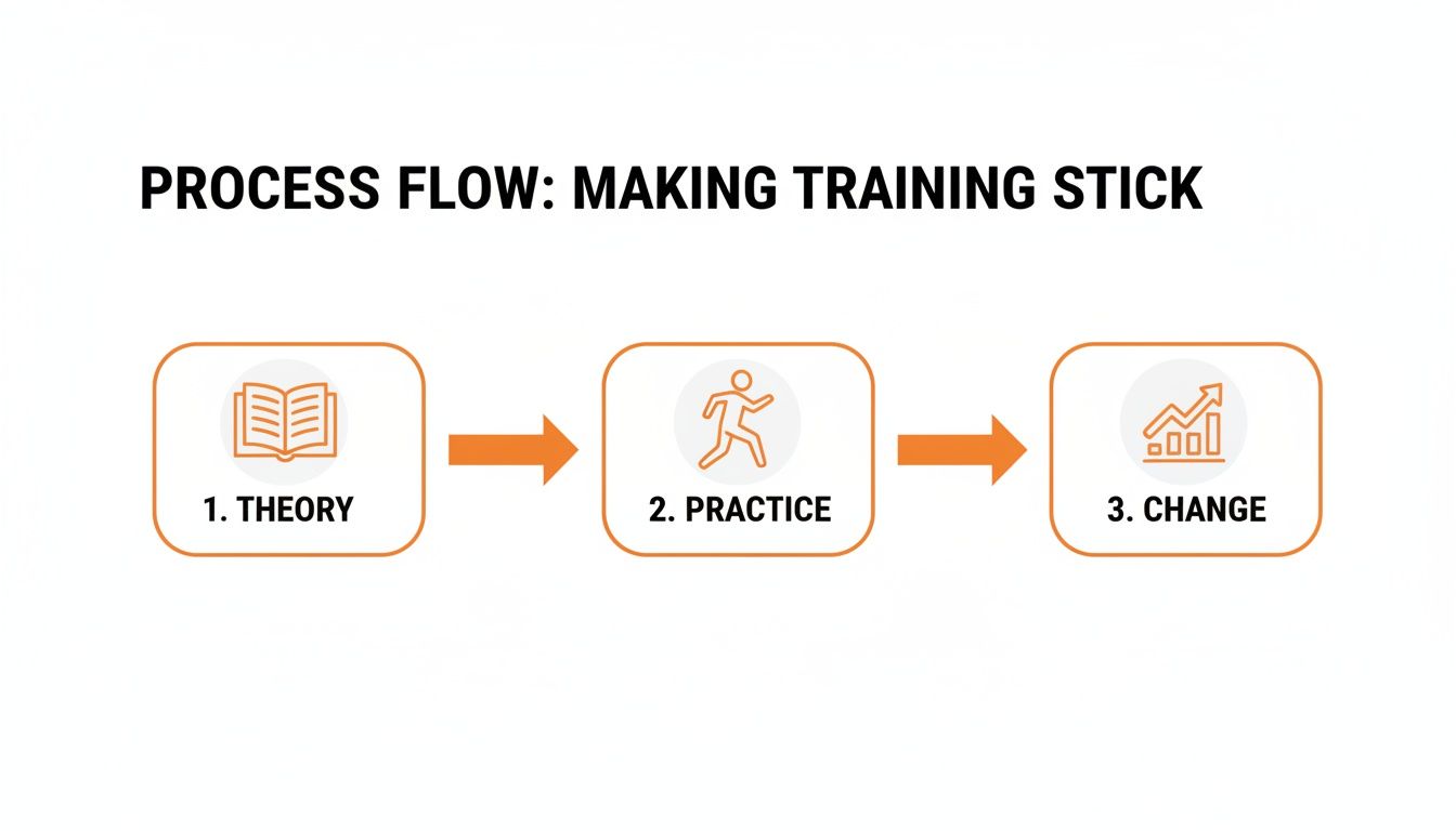 A diagram illustrating a three-step process flow for making training stick: Theory, Practice, and Change.