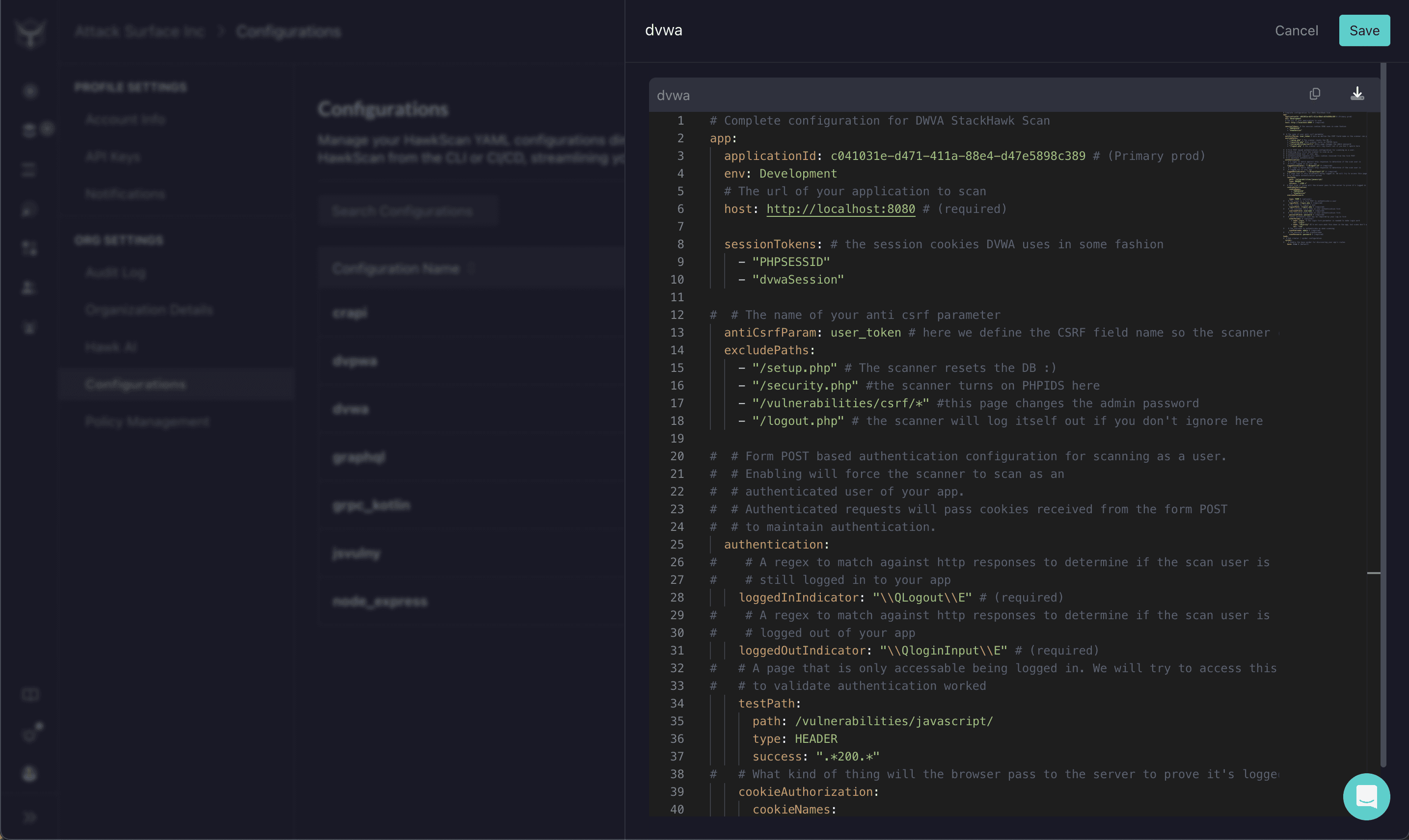 StackHawk hosted configuration editor showing target, exclusions, session tokens, and authentication checks