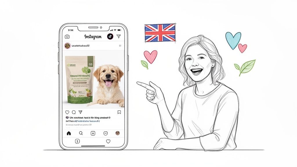 A sketch of a smiling woman pointing at a smartphone displaying an Instagram post of a dog and pet food, with a UK flag.