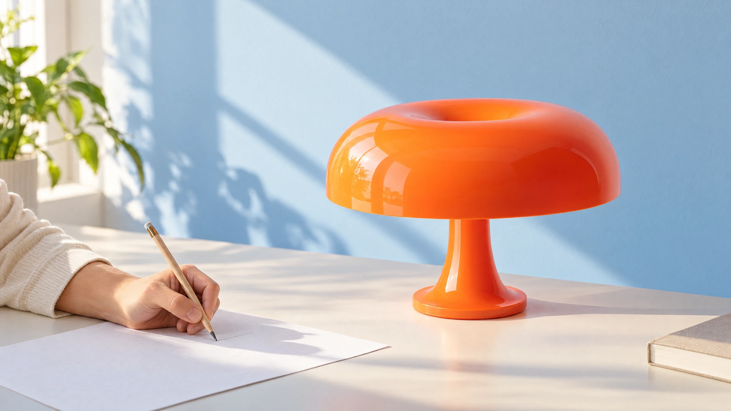 Orange Artemide Nessino lamp on a desk against a pale blue wall