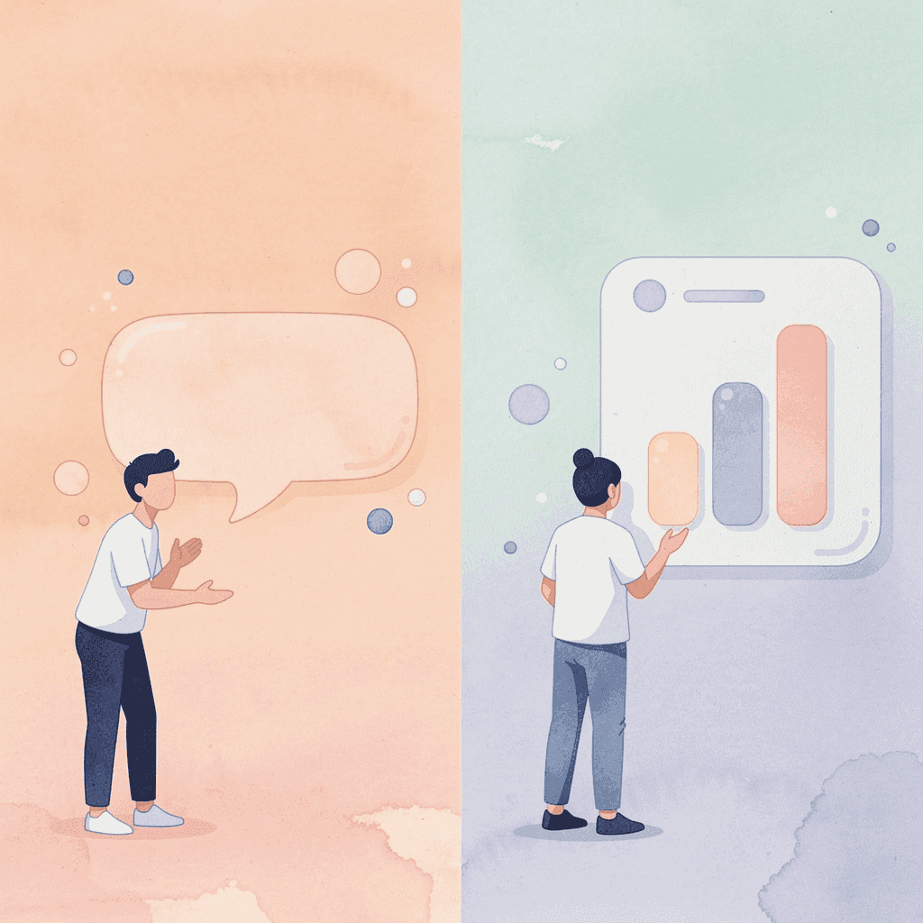Split scene contrasting manual report processing with strategic analysis