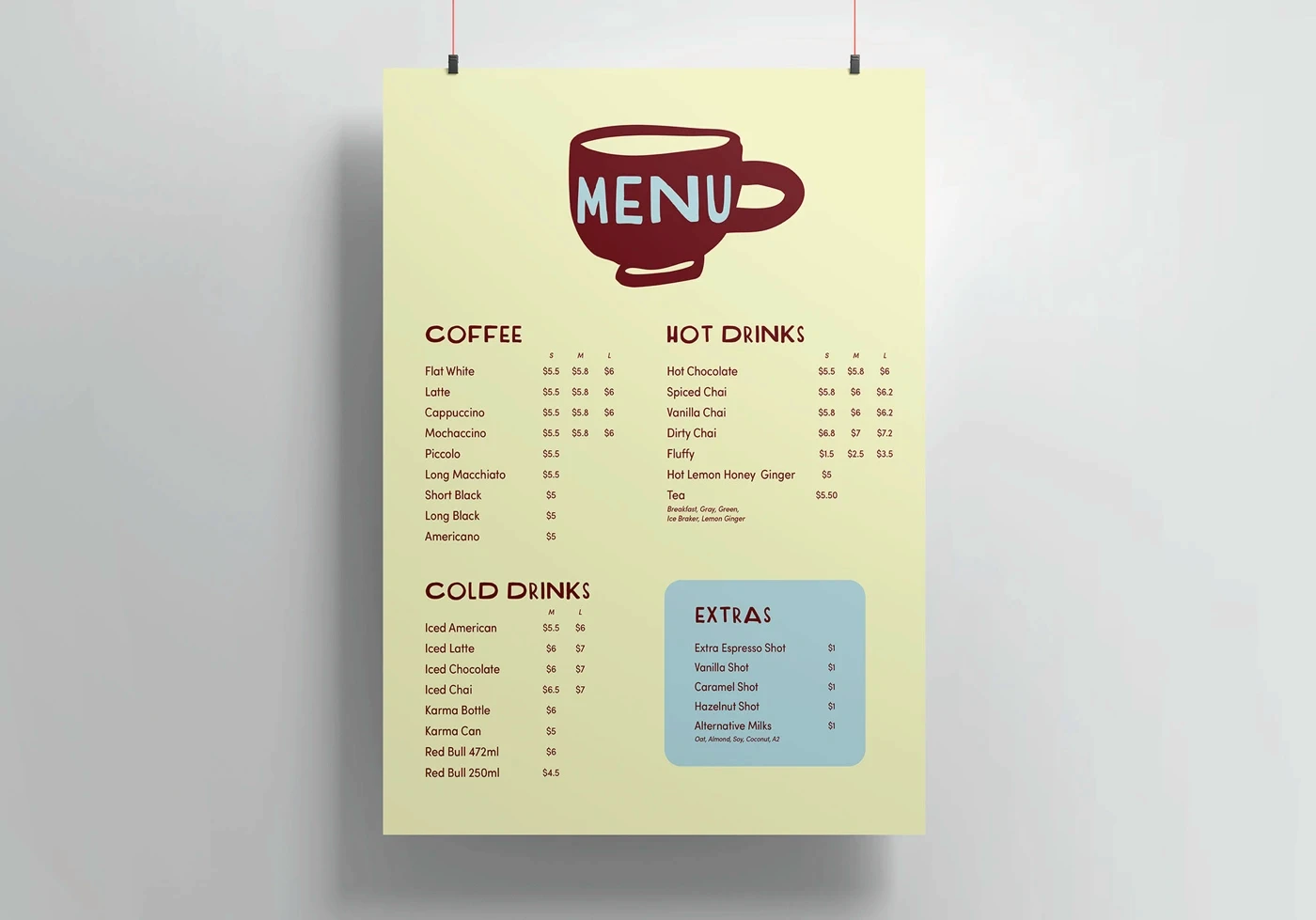 Pillars Cafe drinks menu poster with coffee-cup graphic and prices.