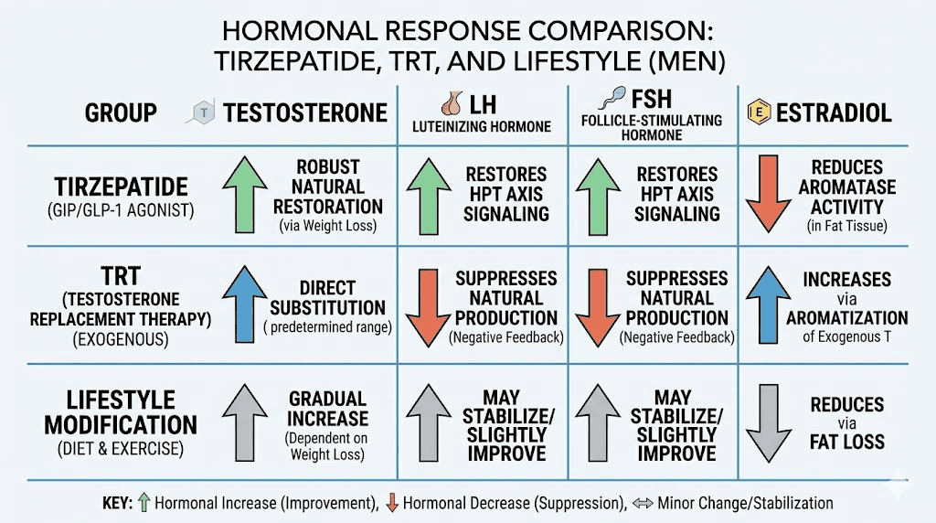 Tirzepatide versus TRT hormonal changes comparison table showing testosterone LH FSH and estradiol levels