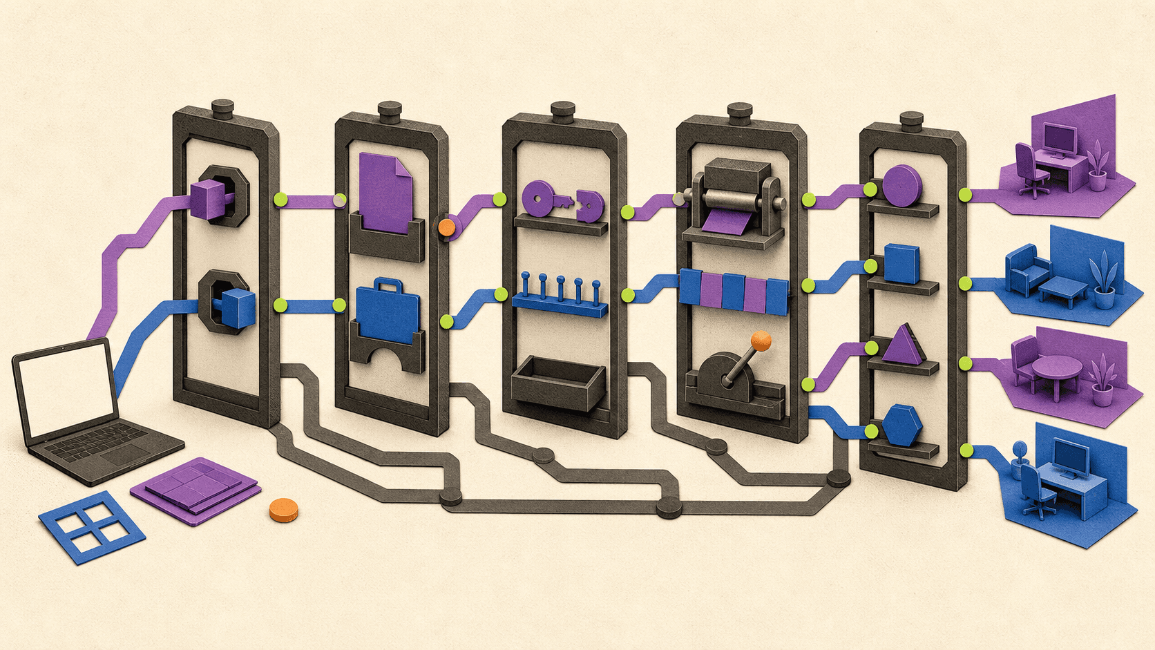Remote-access choices pass through platform, licensing, security, performance, and price gates before branching toward several suitable options.