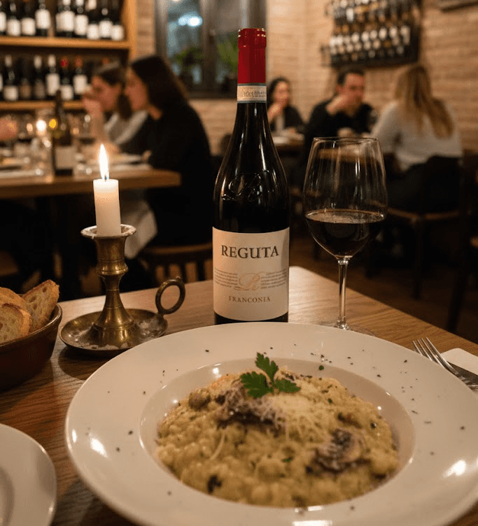 Couple enjoying Syrah wine with pepperoni pizza, engaging in a cozy dinner together.