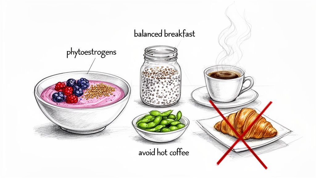Illustration of a balanced breakfast with phytoestrogens: a berry smoothie, overnight oats, edamame, and coffee, with a crossed-out croissant.