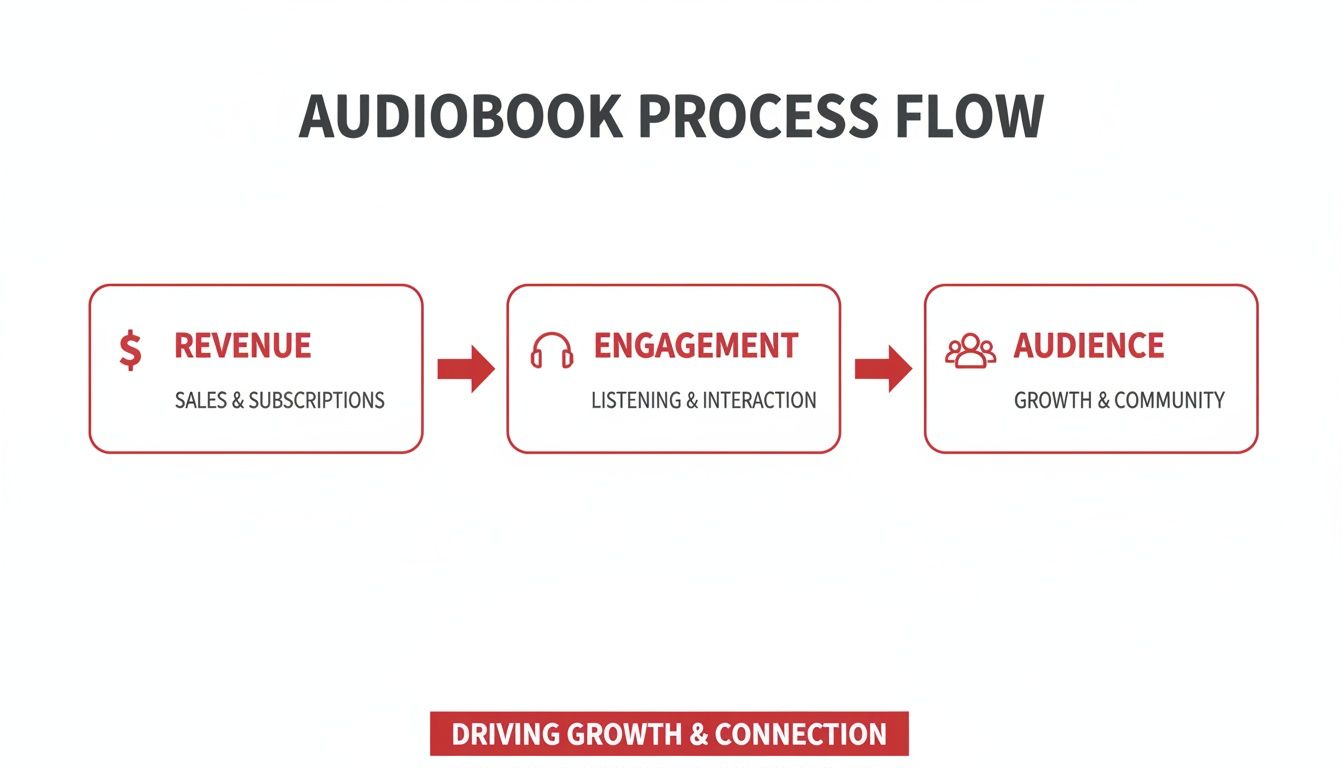 A flowchart illustrates the audiobook process flow, connecting revenue, engagement, and audience growth.