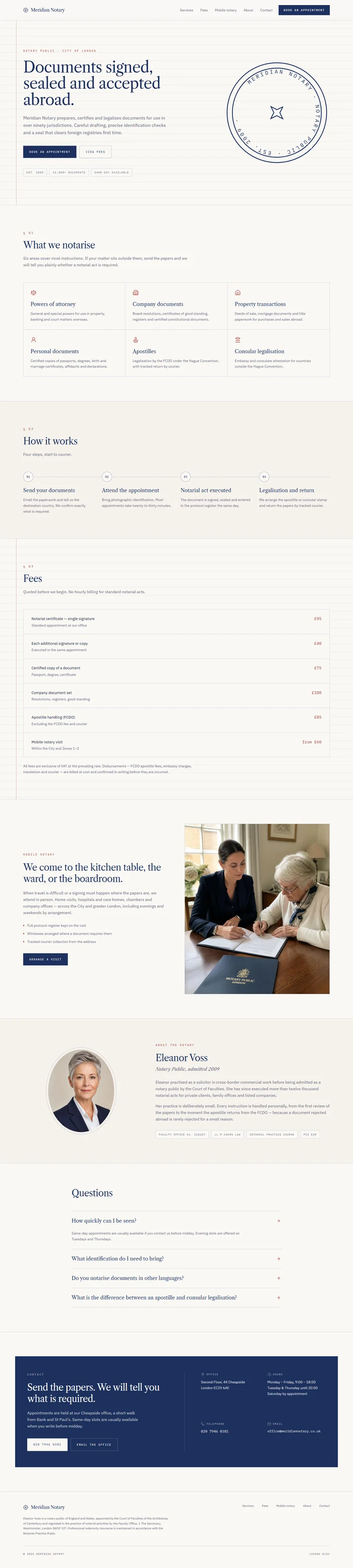 Full page of an AI-generated notary website with seal hero, document types, process steps, fees table, profile and contact