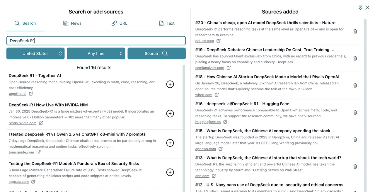 Screenshot showing how to add web sources to generate a LinkedIn post with Postline.ai