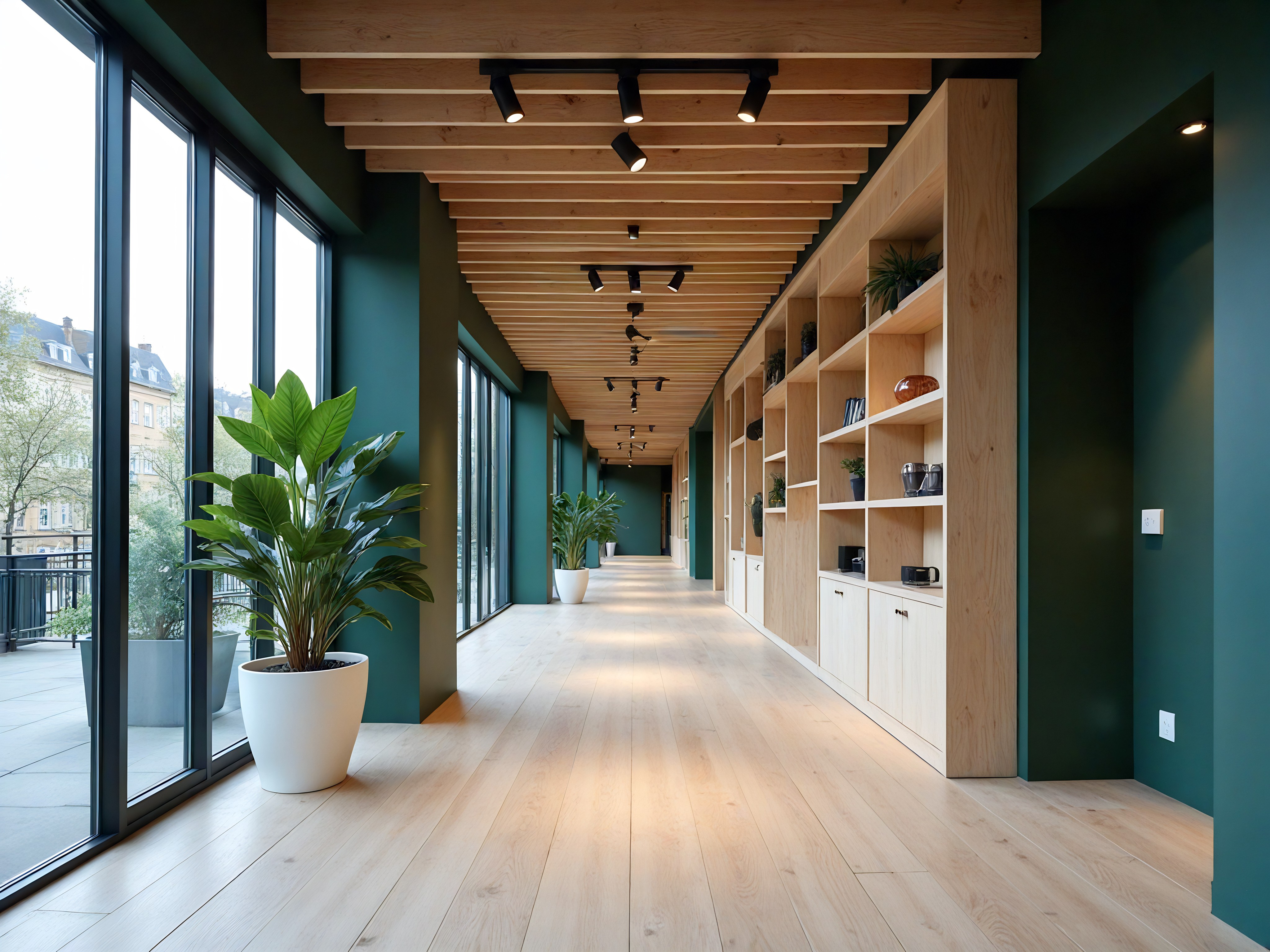 A spacious dining room with off-white marble-patterned flooring, off-white walls with light grey raised panels, and a high ceiling with two skylights and a decorative frieze. The centerpiece is a white square marble table with ten dining chairs, some of which are beige. In the center of the table is a decorative dark green-colored vase with a planted small bush. In the far corner to the left is a tall dark green potted plant. Above the limestone fireplace in the far right corner is a textured grey square artwork.