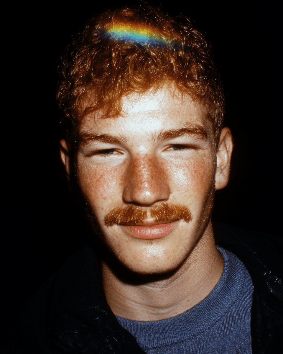 Portrait of a man with curly hair and a mustache smiling softly at the camera, with a small rainbow light reflecting across his forehead against a dark background.