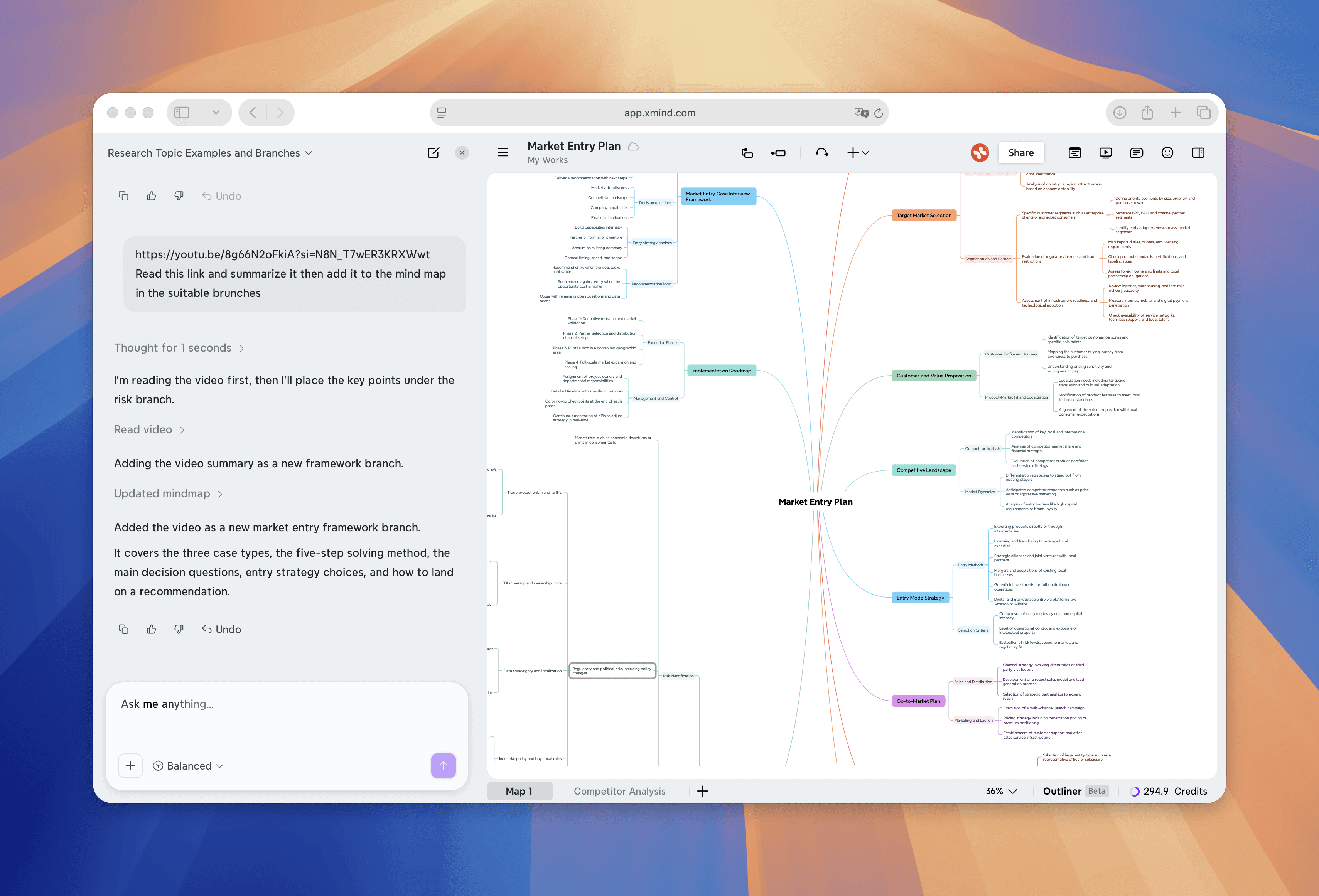 show a file, link, or image being added to the chat, then show Xmind AI extracting key insights and creating new branches.