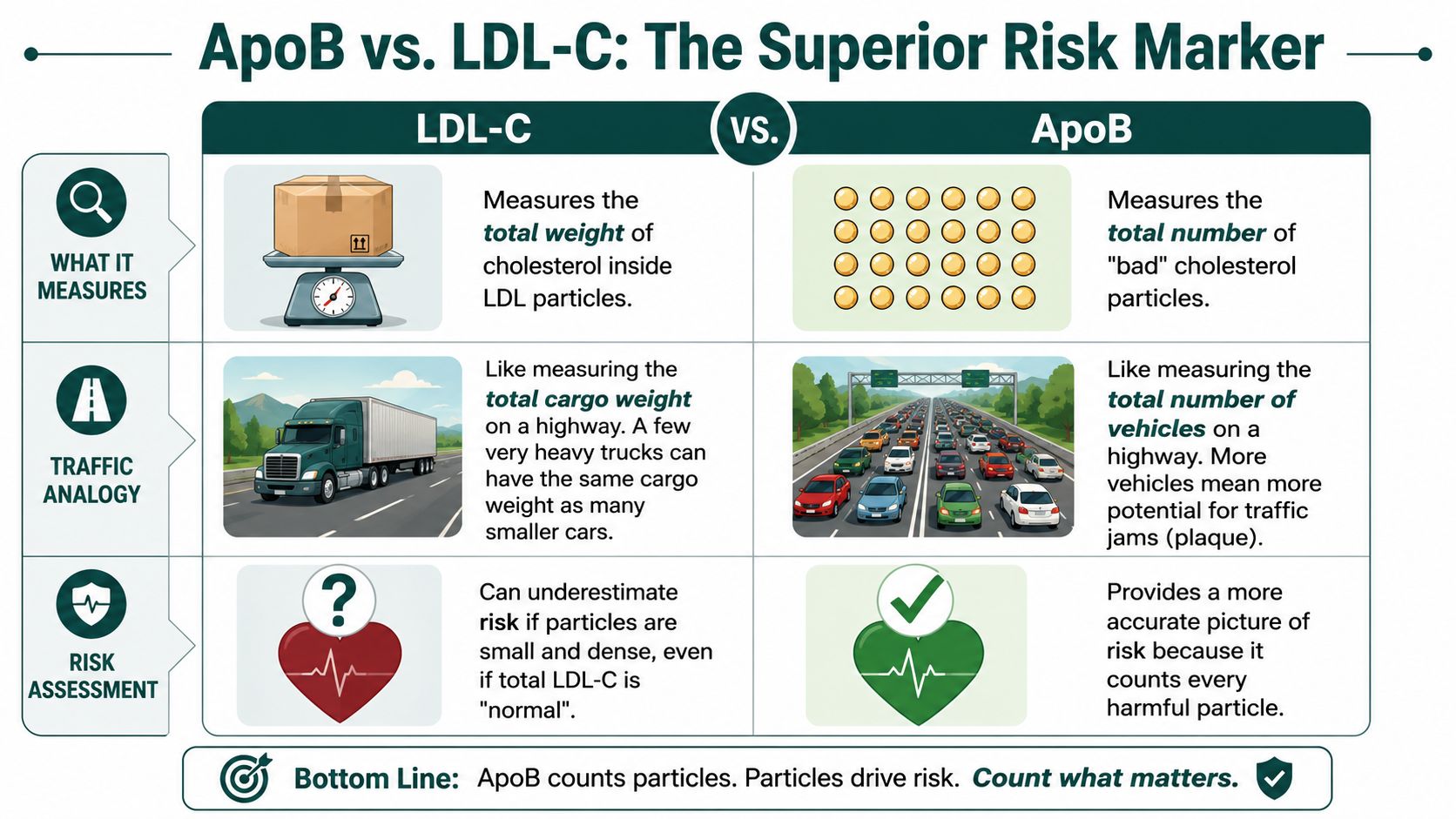 An infographic comparing LDL-C and ApoB as risk markers, explaining why ApoB provides a more accurate assessment.