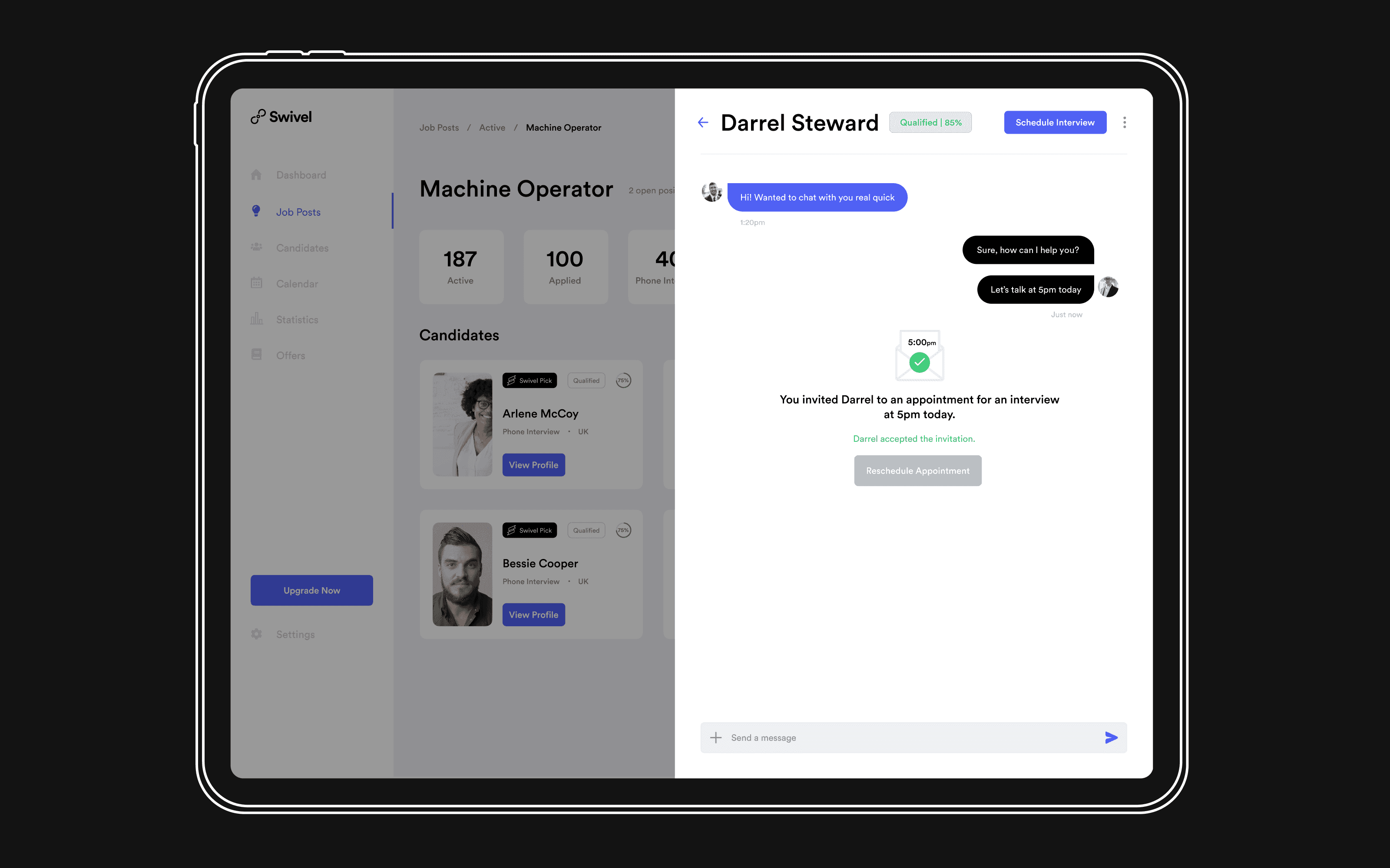 Recruiter chat on a tablet, with the invitation accepted