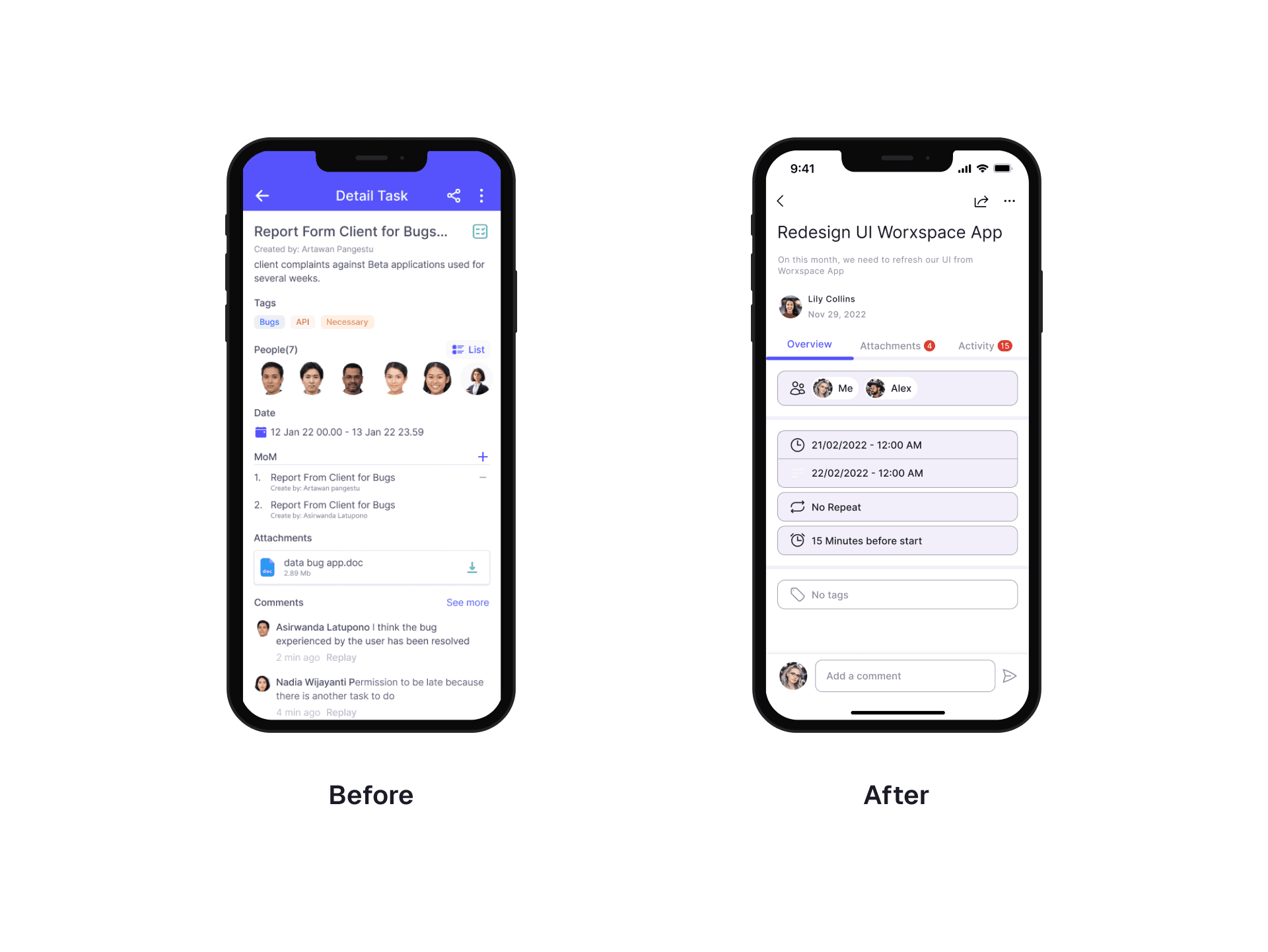 Before and after detail screen worxspace