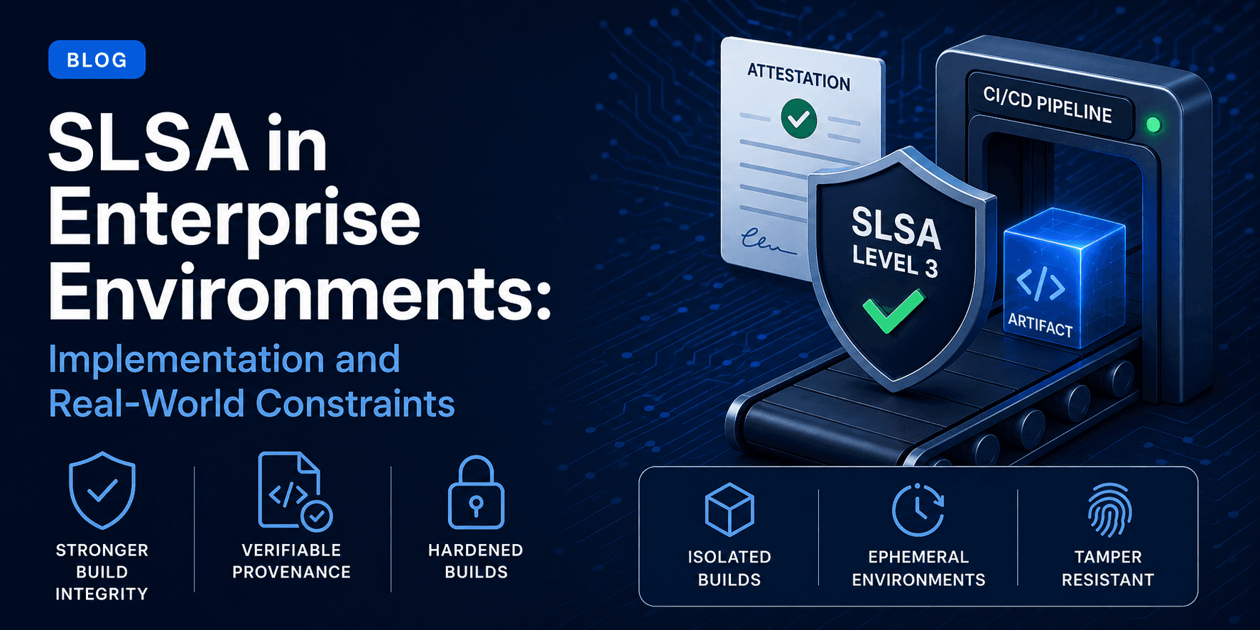 Blog header graphic for ‘SLSA in Enterprise Environments: Implementation and Real-World Constraints,’ showing a secure software supply chain with a conveyor belt, glowing code artifact, shield, attestation document, and CI/CD pipeline in a dark blue enterprise security style.